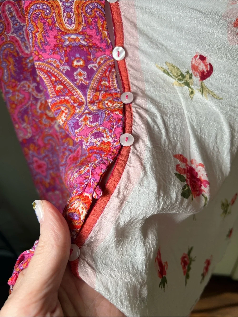 Free People Gemini Patchwork Floral Paisley Blouse Pink Boho Size L